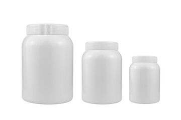 Pharmaceutical packaging. Set of blank medicine plastic containers isolated on white background. Vitamins and supplements jar. Pill bottle mockup. 