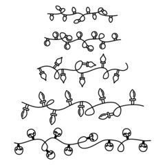 Garland with bulbs in a row. Set of Christmas garlands with lights of different shapes. Lightbulbs hand drawn style. Black outline drawing. Vector doodle illustration. Xmas design element Lamp thread