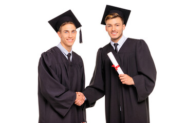 Greeting from friend. Happy graduates. Young handsome men shaking hands. Isolated on white.