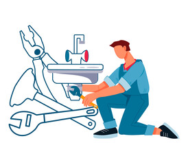 Plumber installs or repairs plumbing fixtures for website or emblem logo design. Plumbing and house renovation services, flat vector illustration isolated on white background.
