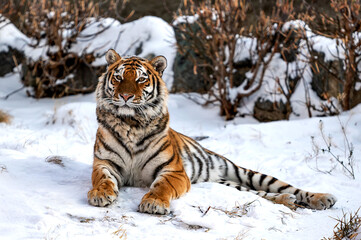 Fototapeta na wymiar siberian tiger lies in the snow
