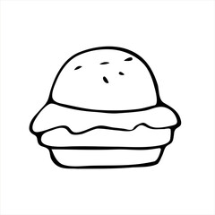 Vector illustration of a hamburger. Doodle style. Delicious cheeseburger. An icon, logo or sticker for your cafe menu, restaurant, bar, website, promotional items.
