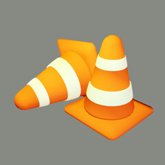 3d illustration of yellow or orange road cone, white stripe