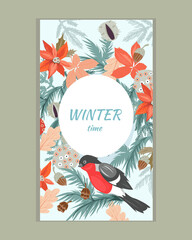 Christmas and New Year banner  or posters in hand drawn vintage style with bullfinch, flat vector illustration. Christmas background. 