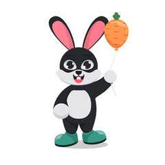 Cute bunny holding a carrot patterned balloon on a white background