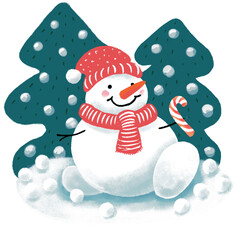 Cute Snowman with hat and scarf. Illustration isolated on white background. Christmas Design for printing. Cute Snowman with hat and scarf.