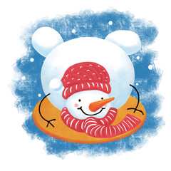 Cute Snowman with hat and scarf. Illustration isolated on white background. Christmas Design for printing. Can be used for stickers, t-shirts, mugs, scrapbooking, planners, pillows, greeting card