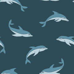 Seamless vector pattern with dolphins on grey background. Simple tropical fish wallpaper design. Decorative sea life fashion textile.