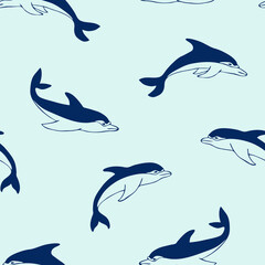 Fototapeta premium Seamless vector pattern with cute dolphins on blue background. Simple cartoon fish wallpaper design. Decorative underwater fashion textile.