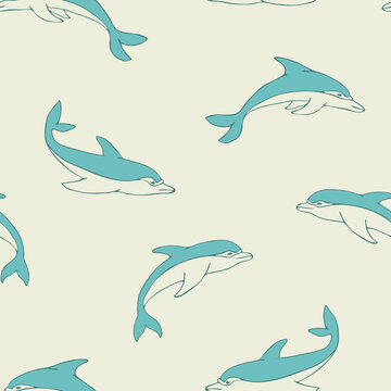 Seamless vector pattern with dolphins on beige background. Simple hand drawn underwater wallpaper design. Decorative cartoon fish fashion textile.