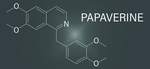 Papaverine opium alkaloid molecule. Used as antispasmodic drug. Skeletal formula.