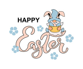 Handwritten lettering Happy Easter with adorable gnome as bunny on white background. Vector illustration.