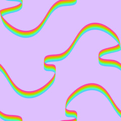 Seamless vector pattern with flowing rainbow on purple background. Simple wavy ribbon wallpaper design. Decorative liquid colour fashion textile.