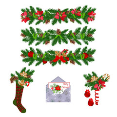 Christmas set with garlands, sock with gifts and Christmas tree decorations on white isolated background.
