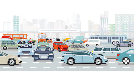 Fototapeta na wymiar Großstadt in der rush hour in einer Straßenkreuzung im Verkehrsstau und öffentlicher verkehr illustration