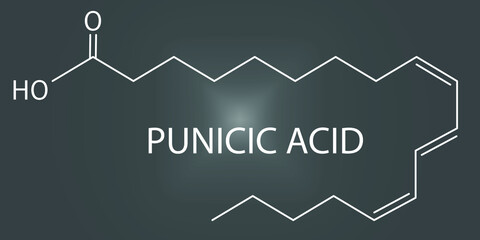 Punicic acid or trichosanic acid molecule. Fatty acid present in pomegranate, Punica granatum. Skeletal formula.