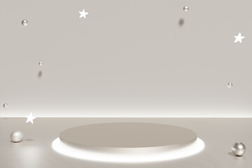 3d render of ivory podium with flying balls and stars for Xmas