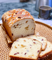 close up of brioche or cramiques bread with dried fruits for christmas celebration.