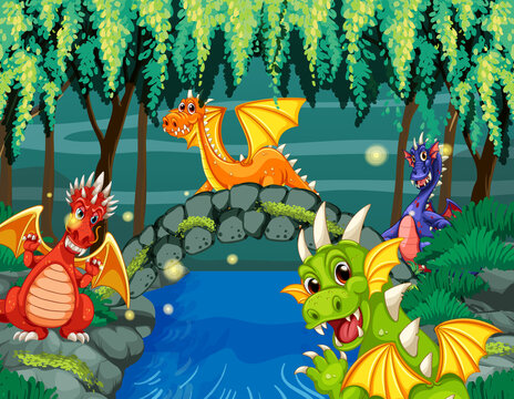 Dragons in enchanted forest background
