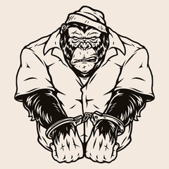 Aggressive handcuffed gorilla in prisoner uniform