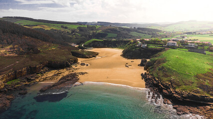 drone view of Galizano beach in north of Spain