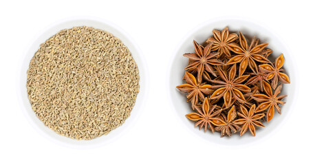 Anise and Star anise fruits and seeds, in white bowls. Pimpinella anisum, also aniseed or anix in the left bowl, and the unrelated llicium verum, also staranise, star aniseed or badian, in right bowl.