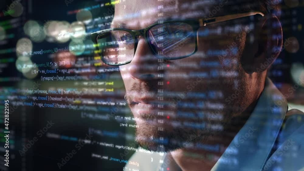 Poster Portrait of Startup Digital Entrepreneur Working on Computer, Line of Code Projected on His Face and Reflecting in Glasses. Developer Working on Innovative e-Commerce App using AI and Big Data