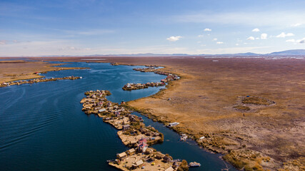Peru puno titicaca lake uros islands drone view
