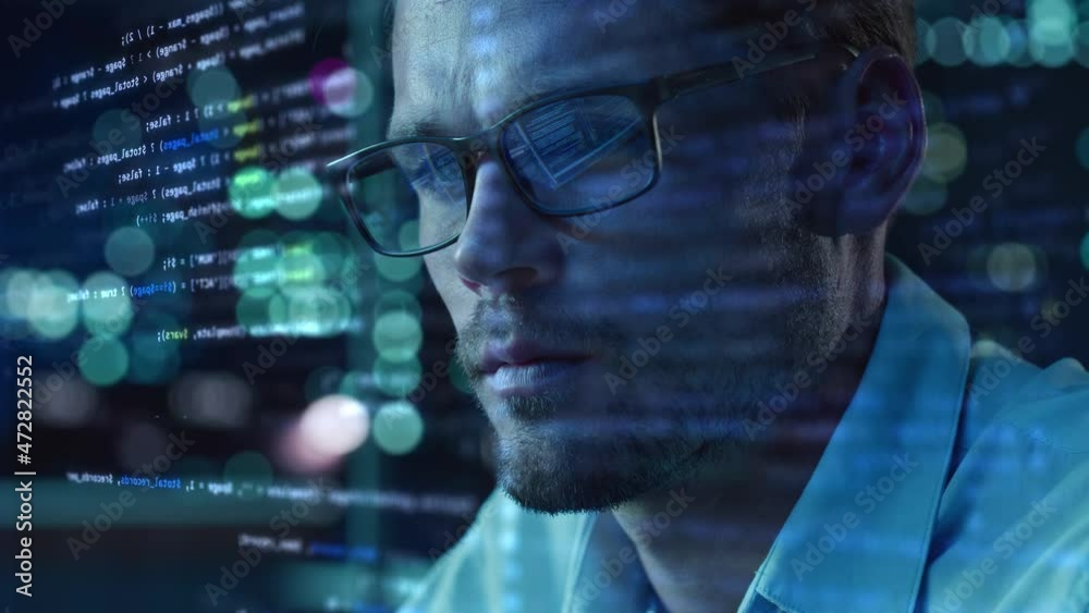 Poster Portrait of Startup Digital Entrepreneur Working on Computer, Line of Code Projected on His Face and Reflecting in Glasses. Developer Working on Innovative e-Commerce App using AI and Big Data