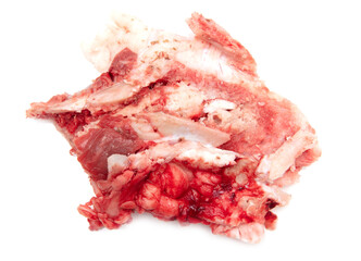 Bone with red meat on a white background.