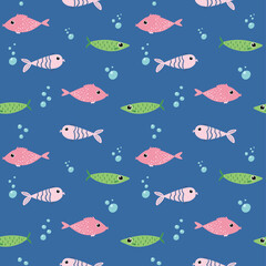 Seamless pattern with cartoon fishes on blue background for wallpaper, wrapping and textile. Perfect for kids textile. Vector EPS10.