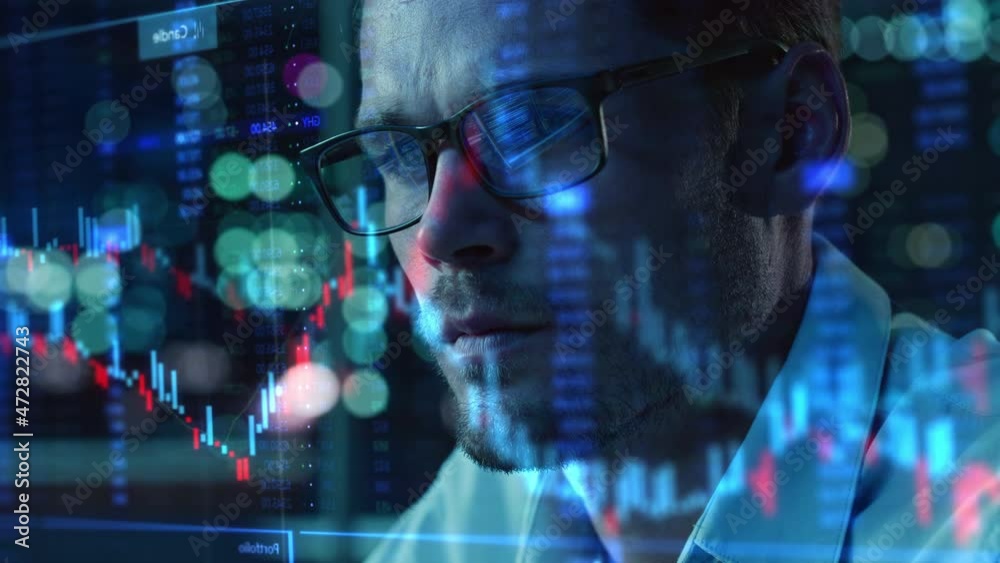 Poster stock market trader working investment charts, graphs, ticker numbers projected on his face and refl