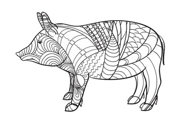 Pig on white. Zen art. Zentangle. Hand drawn animal with intricate patterns on isolated background. Design for spiritual relaxation for adults. Black and white illustration for coloring. Print