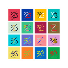 Creative concept of 2023 Happy New Year. Vector design templates with typography logo 2023 for celebration and season decoration. Minimalist trendy color backgrounds for banner, cover, card, poster.