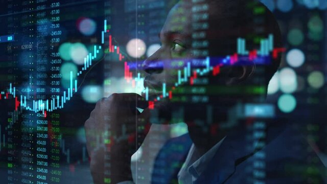 Portrait of Black Stock Market Trader Doing Analysis of Investment Charts, Graphs, Ticker Numbers Projected on His Face. African American Financial Analyst, Digital Entrepreneur Successfully Trading