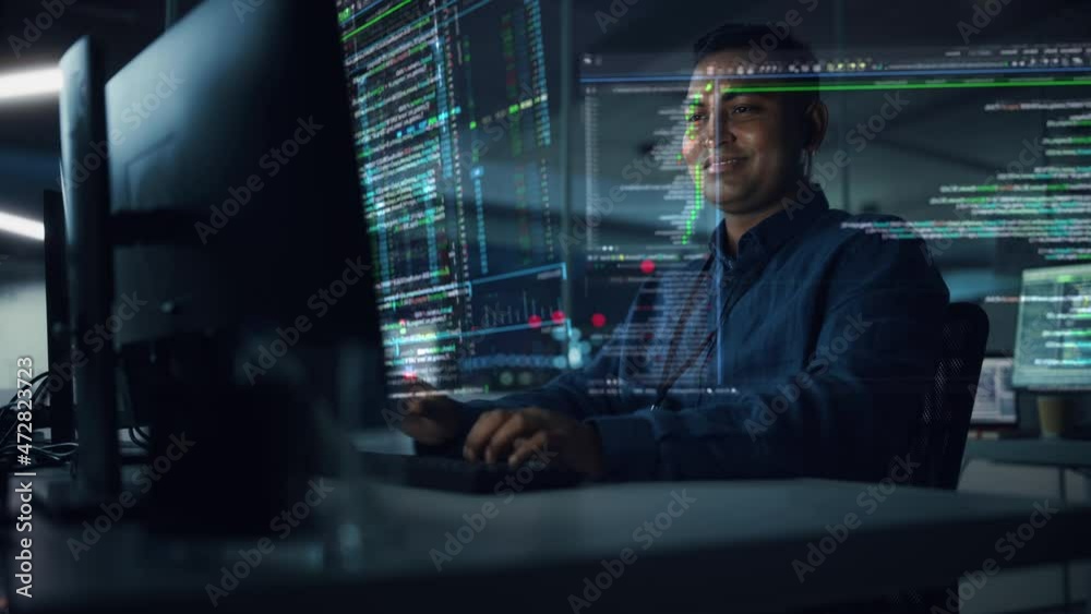 Poster Futuristic Office with Hologram Screens: Professional Indian IT Programmer Working on Computer with Holographic Projection Showing Big Data, Charts. Asian Specialist Creating Innovative Software