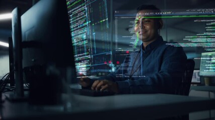 Futuristic Office with Hologram Screens: Professional Indian IT Programmer Working on Computer with Holographic Projection Showing Big Data, Charts. Asian Specialist Creating Innovative Software - Powered by Adobe