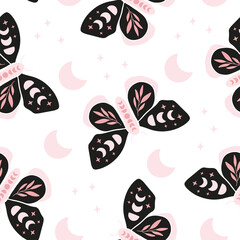Vector seamless pattern - celestial butterfly. Mystical insect luna moth, floral moon on white background. Design for magic print, fabric, wallpaper, textile, magical decor. - obrazy, fototapety, plakaty
