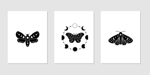 Celestial butterfly vector illustration. Mystical luna moth with moon phases. Magic insect on white background. Design for boho poster, magical card, t shirt print, home decoration, wall art. - obrazy, fototapety, plakaty