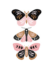 Celestial butterfly vector illustration. Mystical luna moth with moon phases. Magic insect on white background. Design for boho poster, magical card, t shirt print, home decoration, wall art. © Alena Koval