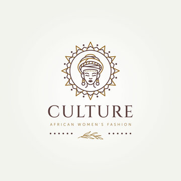 african woman fashion culture line art logo. african woman with turban and ethnic round tribal symbol line art badge logo template vector illustration design