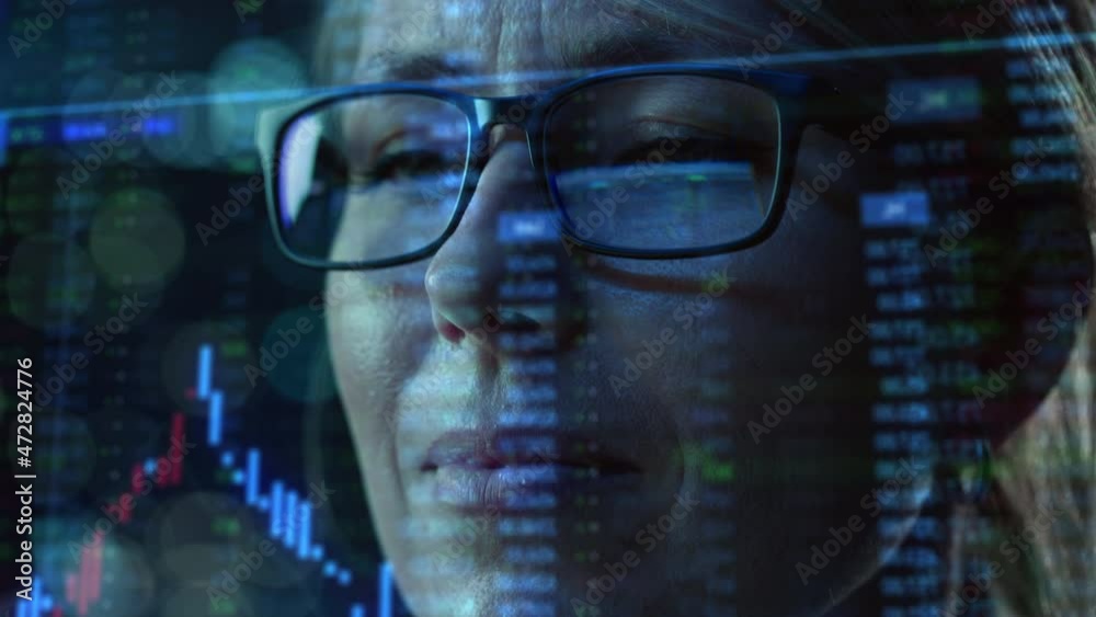 Aufkleber Portrait of Female Digital Entrepreneur Working on Computer, Line of Code Projected on His Face and Reflecting in Glasses. Developer Working on Innovative e-Commerce App using AI and Big Data