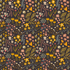 Floral pattern with small field flowers and herbs. Seamless texture with different cute abstract plants. Scandinavian hand drawn style vector pattern. © Оксана Назарова