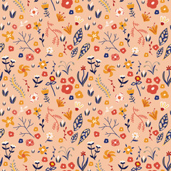 Floral seamless pattern in Scandinavian style. Cute stylized decorative flowers elements background. Folk art vector texture for fabric, print, wrapping paper