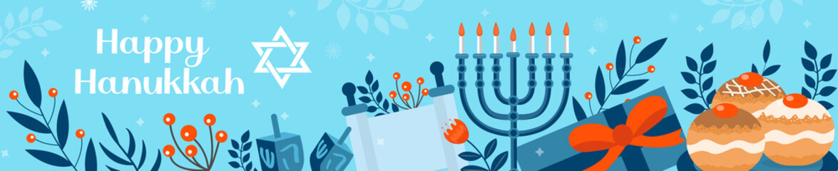 Happy Hanukkah banner, template for your design. Hanukkah is a Jewish holiday. Greeting Card with Menorah, Sufganiyot, Dreidel. Vector illustration.