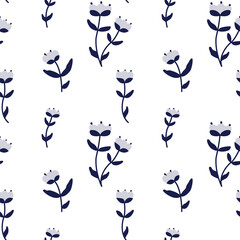 Delicate flowers on white background. Floral seamless pattern in scandinavian style. Vector texture for fashion print, wallpaper, decoration.