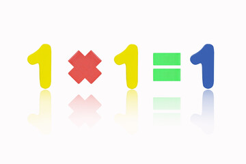 One multiply one equals one (1x1=1) Image of simple math addition operation for kids math operation to enhance brain skills. (Plus, minus, multiply, divide) Isolated on white background.