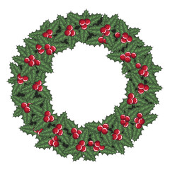 Vector drawn new year holiday holy wreath. Christmas illustration with holly, green pointed leaves and red berries. Traditional pattern Design greeting card, gift wrapping paper on white background