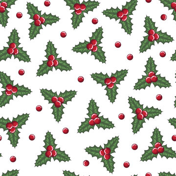 Vector hand drawn new year seamless pattern. Christmas illustration with holly, green pointed leaves and red berries. Traditional pattern Design greeting card, gift paper, wrapping paper on white back