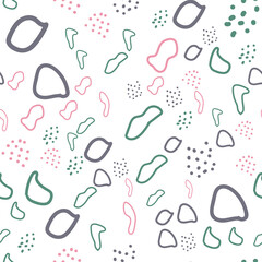 Hand drawn various round and elipse shapes and dots. Doodle objects. Abstract contemporary modern trendy seamless patterns. Pastel colors. Perfect for textile prints